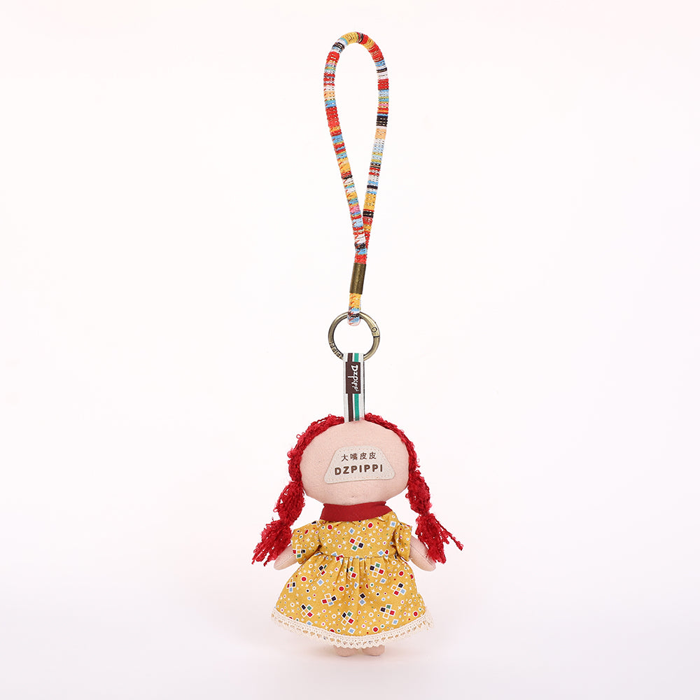 Handmade Fabric Doll Keychain - Red Hair Girl Bag Charm, 1 Pc