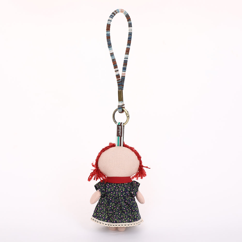 Handmade Fabric Doll Keychain - Red Hair Girl Bag Charm, 1 Pc