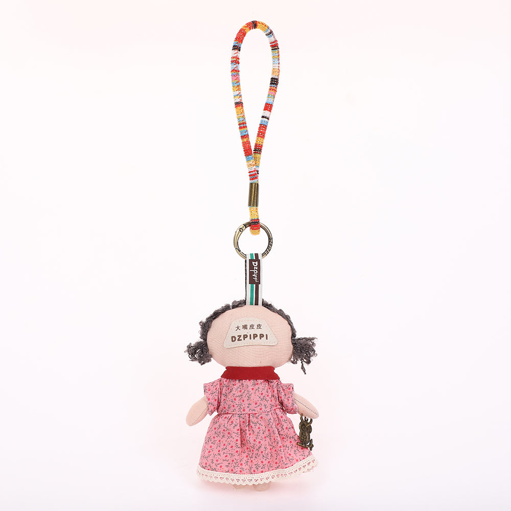 Handmade Fabric Doll Keychain - Red Hair Girl Bag Charm, 1 Pc